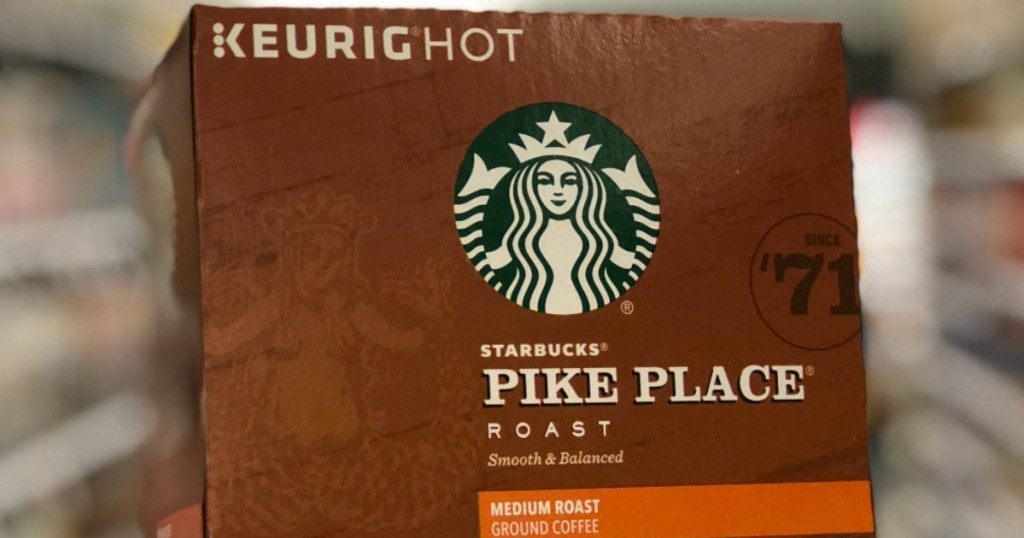 Starbucks Pike Place K-Cups box with blurry background