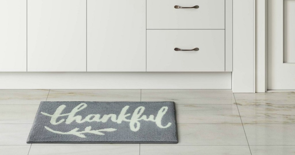 Thankful bath rug in bathroom