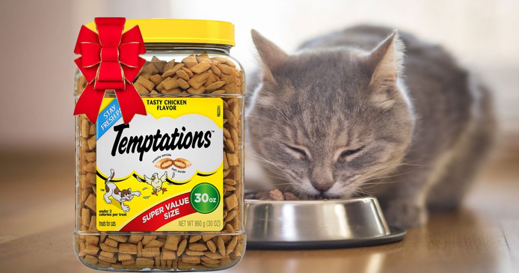 cat eating out of bowl Temptations Classic Crunchy and Soft Cat Treats with a red bow