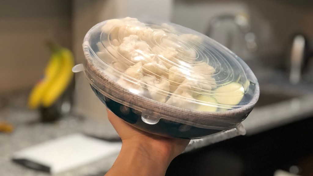 blue bowl with cauliflower and silicone lid