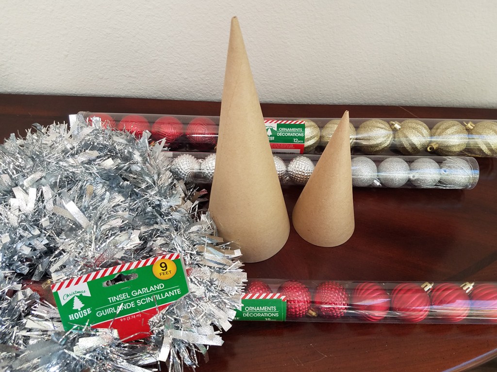 Garland, cones, and onaments from Dollar Tree