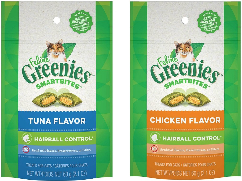 2 bags of cat treats on white background