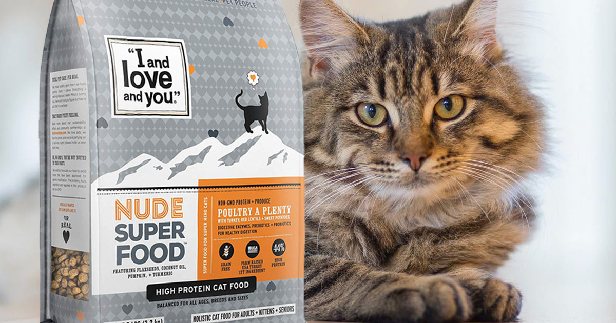 cat with a bag of I and love and you nude super food