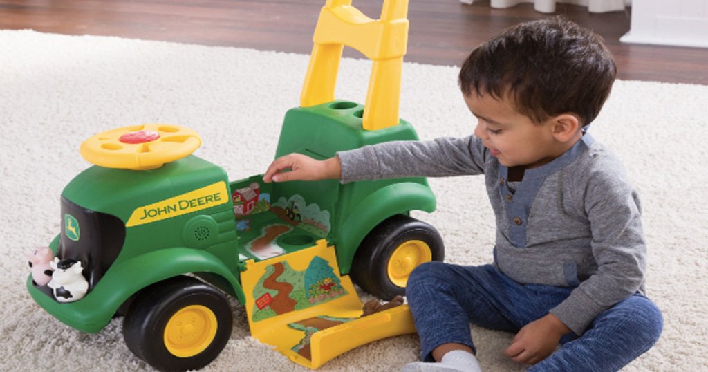 John Deere Sit 'N Scoot Tractor, 3-in-1 Ride on Tractor + Farm Animal Toys & Handle