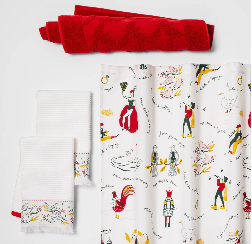 christmas towels, curtain, bath rug