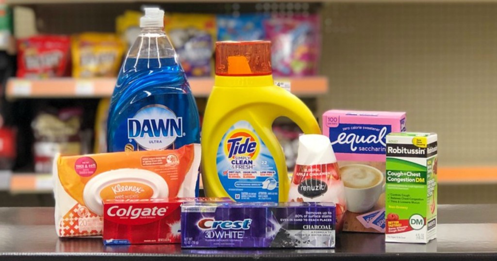 kleenex wipes, dawn dish liquid, crest and colgate toothpaste, tide detergent and robitussin at walgreens