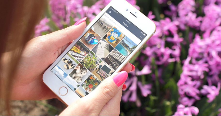 woman holding and looking down at Amazon Photos on iPhone with purple flowers in the background