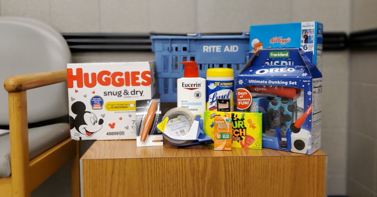 various items in front of a Rite Aid shopping basket