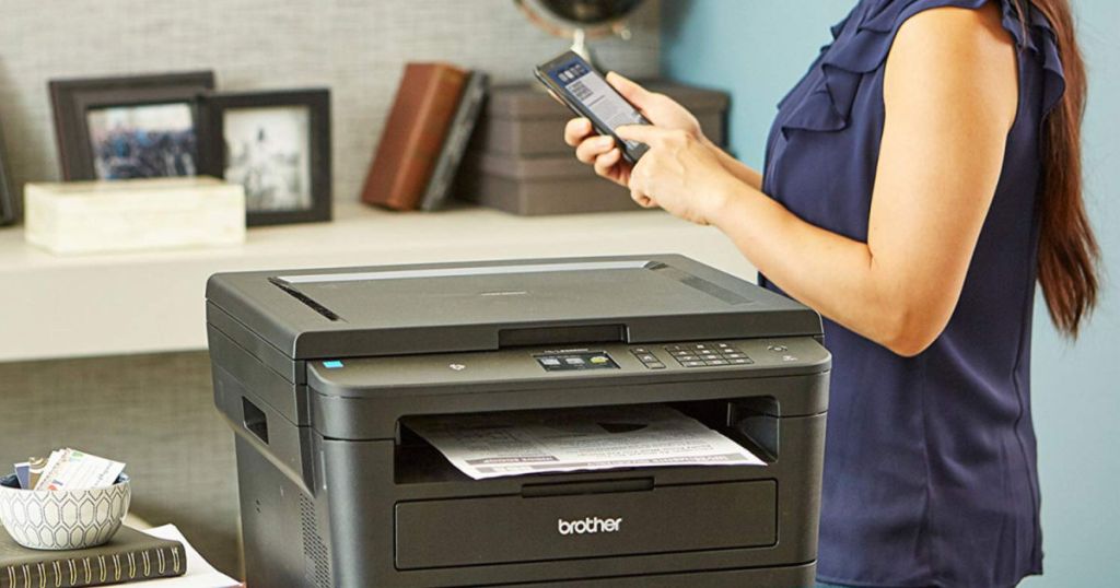 woman using phone to print from Brother Wireless Laser Print-Scan-Copy Printer HL-L2395DW