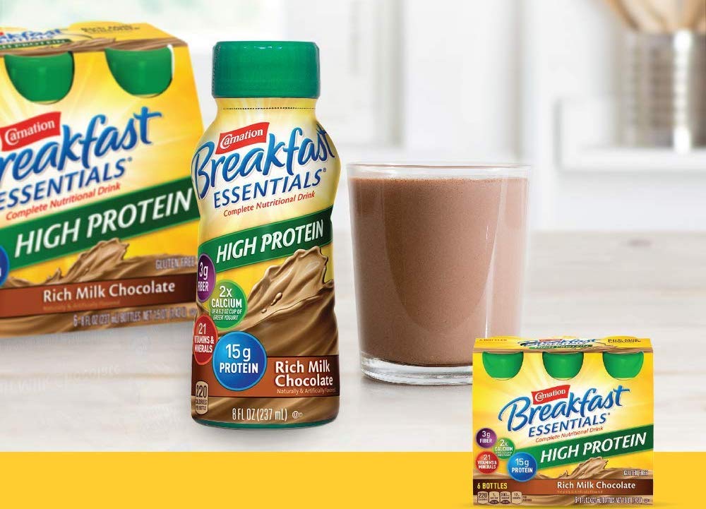 Carnation High Protein Drinks next to glass