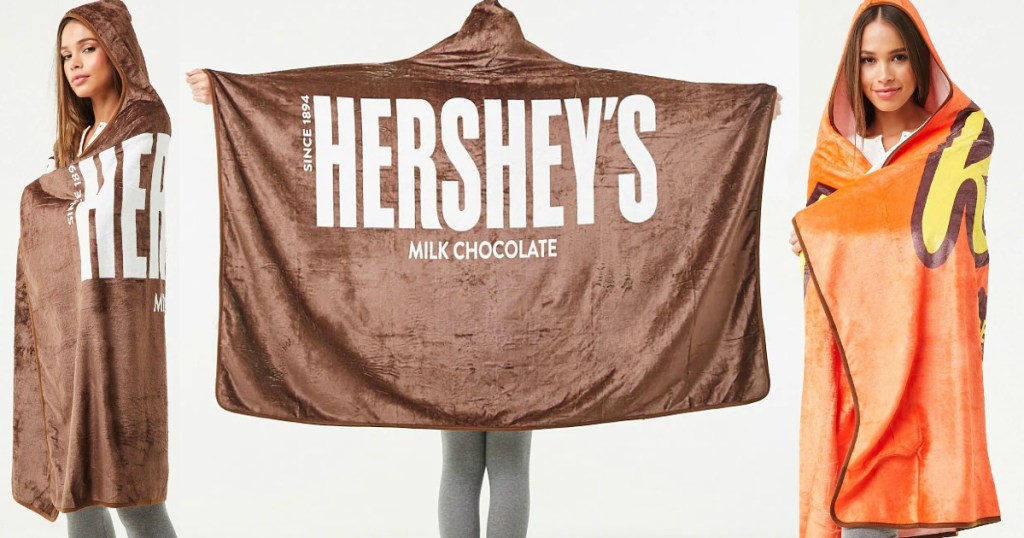 Three angles of a Hershey's themed blanket 