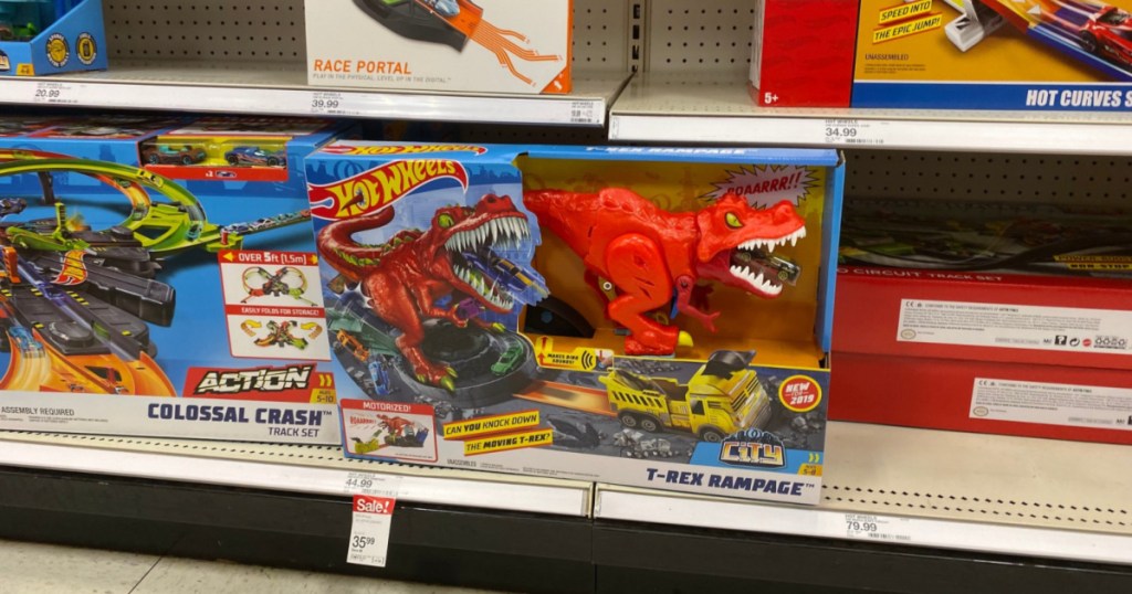 hot wheels t-rex rampage playset on shelf at target