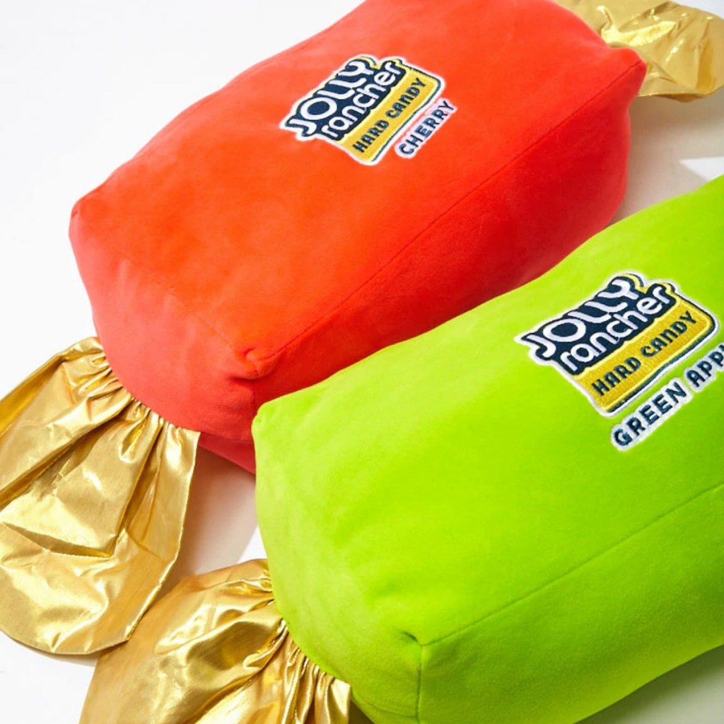 Set of two Jolly Rancher pillows in red and green