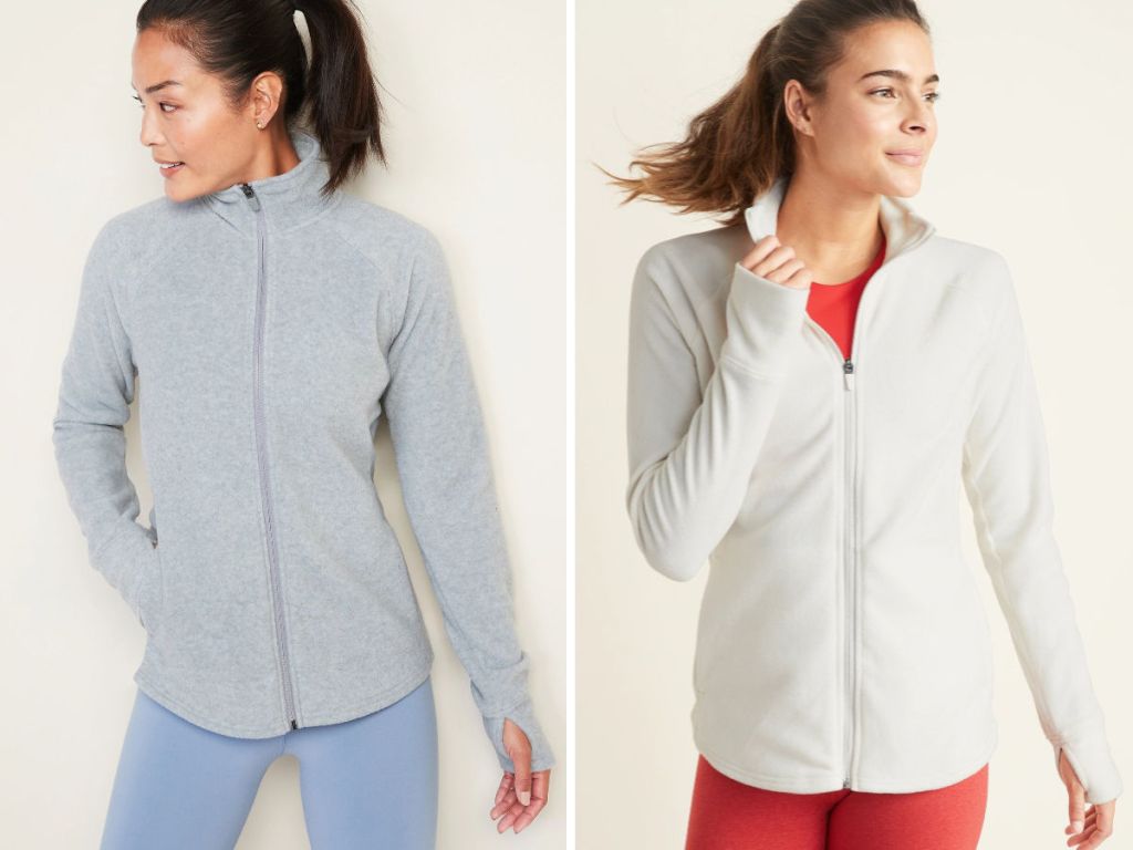 woman wearing light grey and cream colored Old Navy Micro Performance Fleece