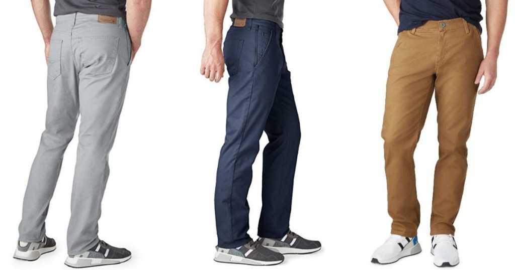 three men wearing chino style pants