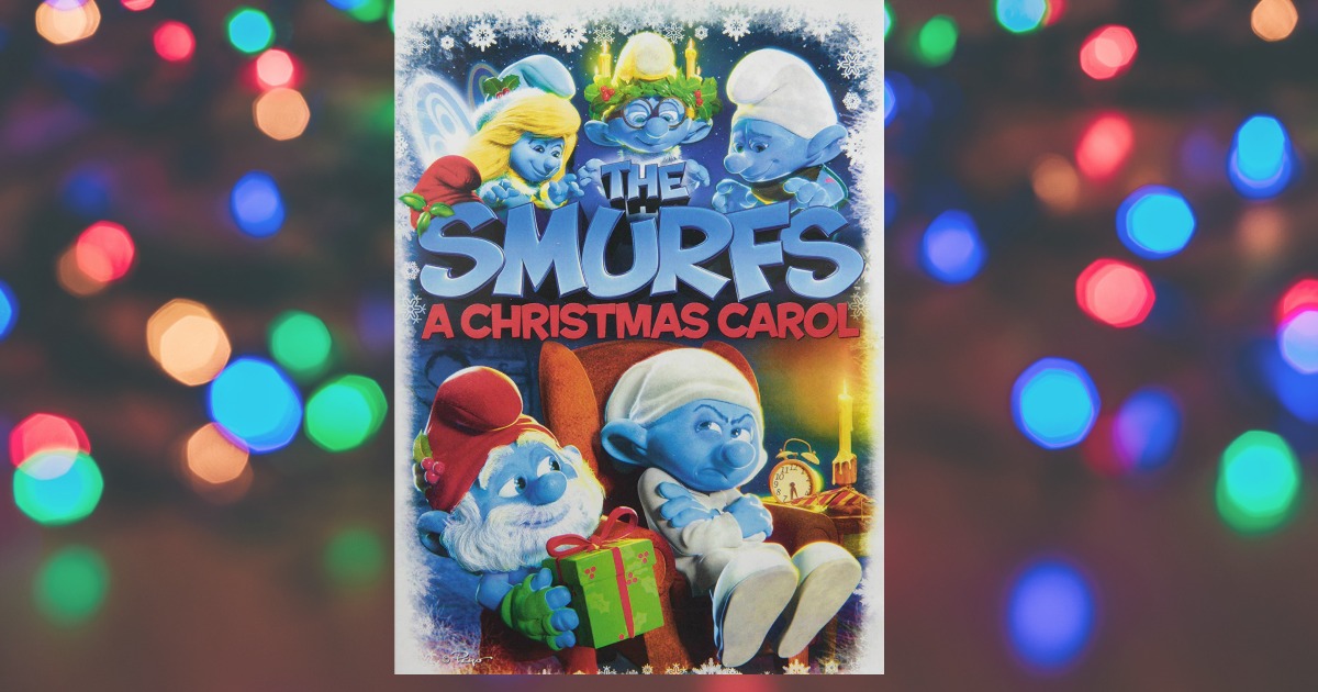 The Smurfs Christmas Carol case in front of Christmas lights