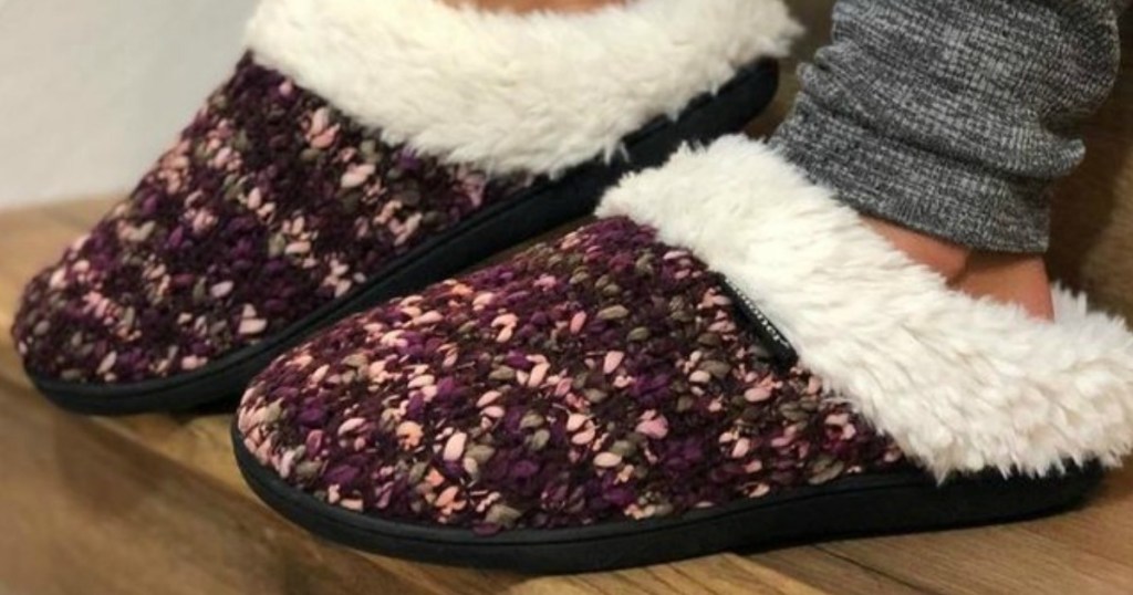 Woman wearing Women’s Amanda Sweater Knit Hoodback Slippers