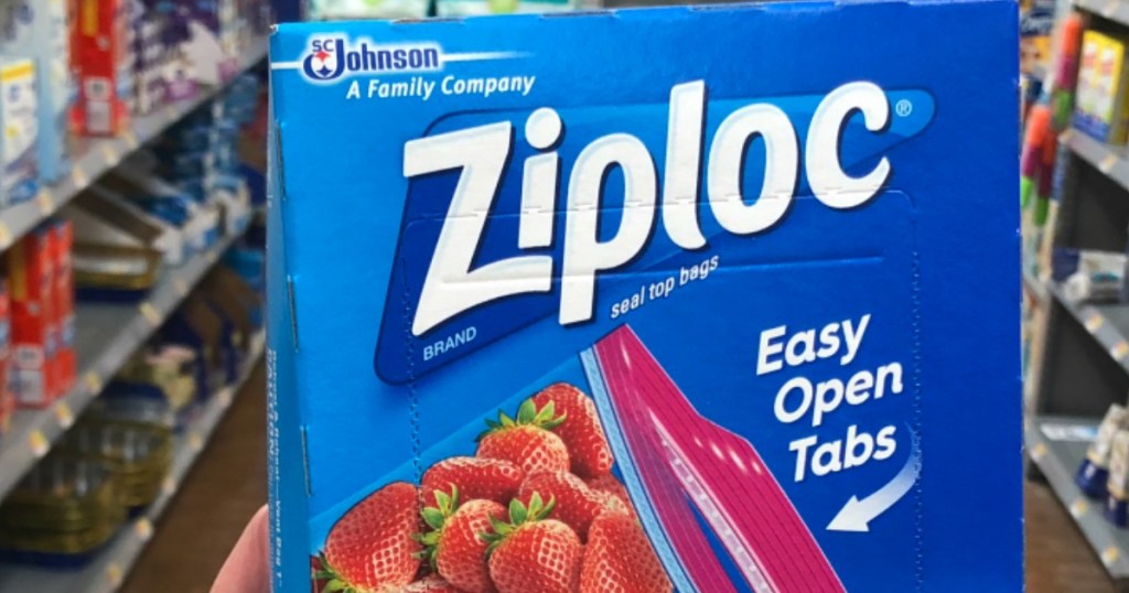 hand holding box of Ziploc Bags