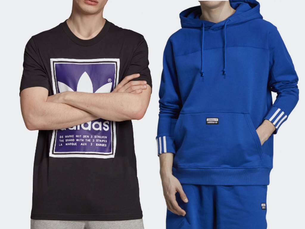 adidas tshirt and men's hoodie on model