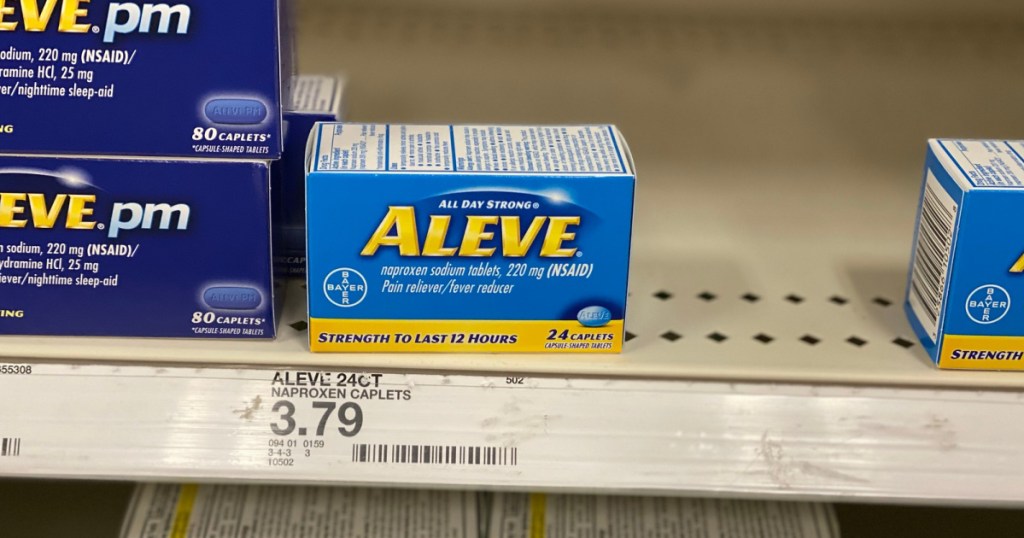 box of aleve pain reliever on shelf at target