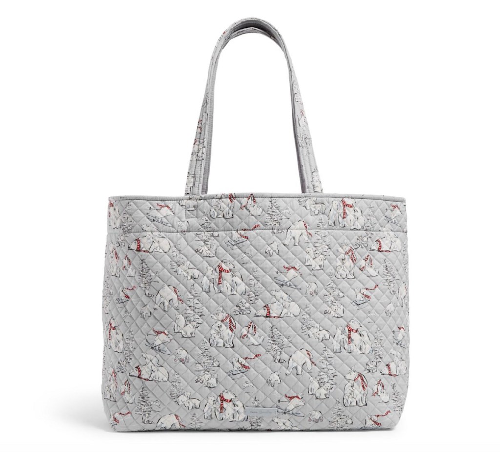 gray tote bag with polar brears on it white background