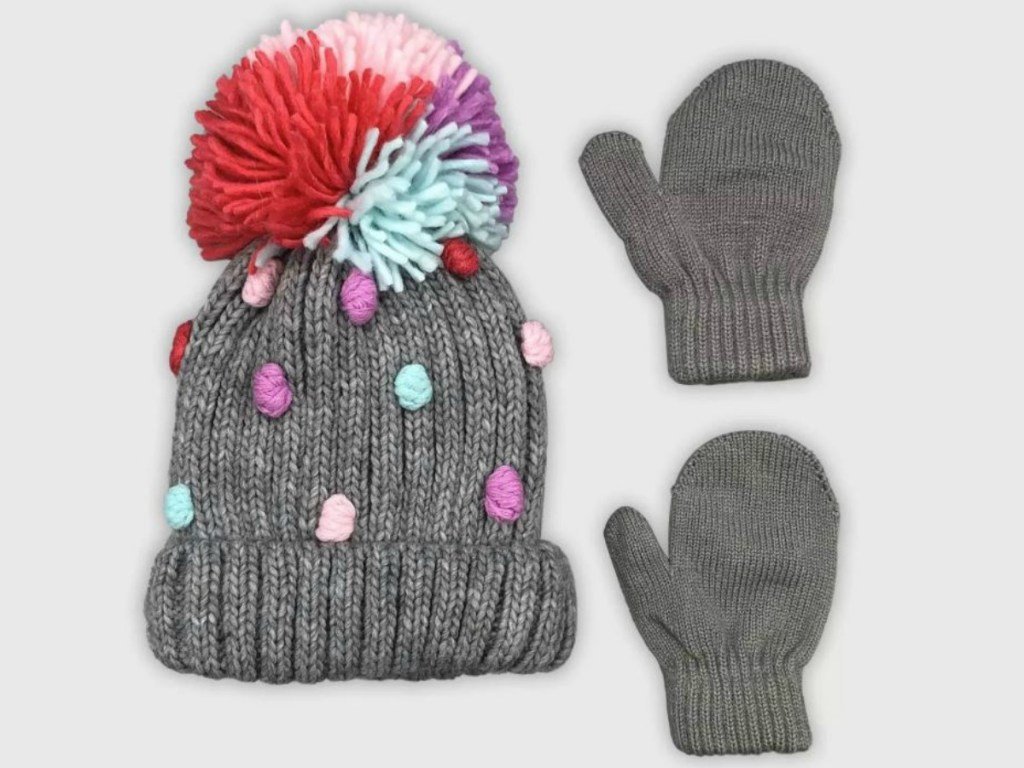 little grey hat with polka dots and matching gloves