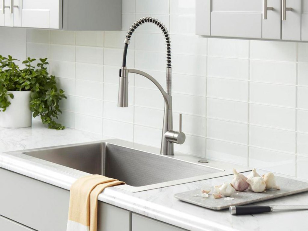 picture of Glacier Bay Brenner Commercial Style Single-Handle Pull-Down Sprayer Kitchen Faucet in Stainless Finish