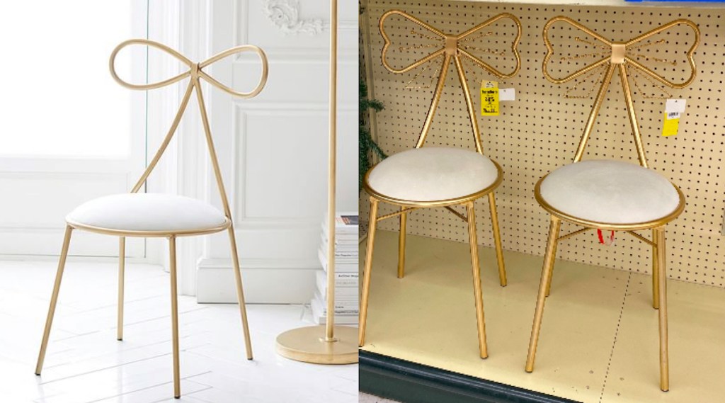 side by side comparison of gold and white bow chairs