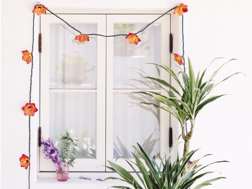 flower lights hanging on window