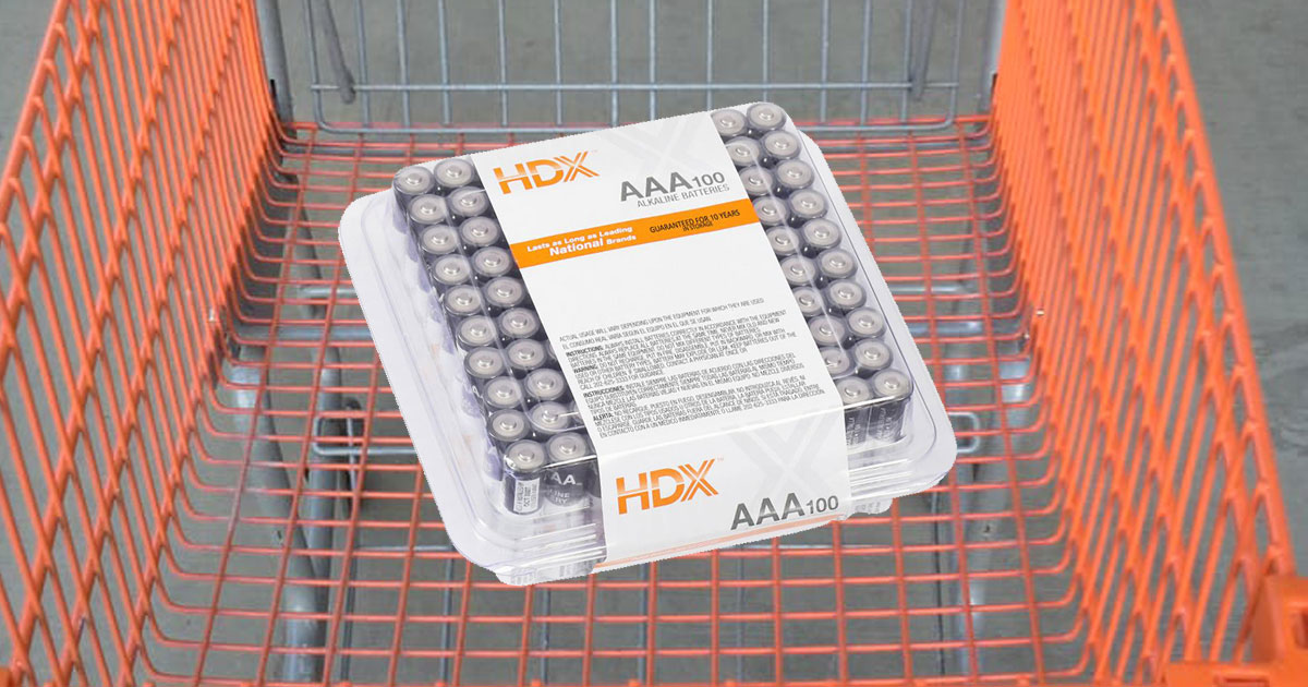 shopping cart full of 100 AAA HDX Batteries