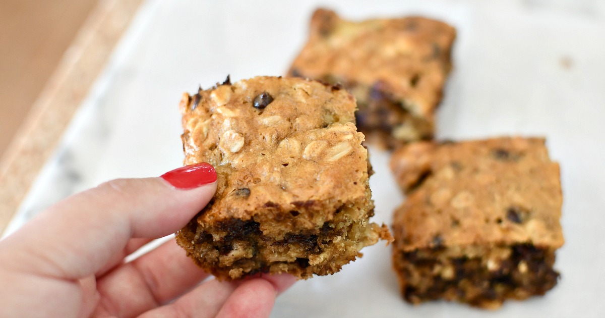 holding peanut butter oatmeal bars