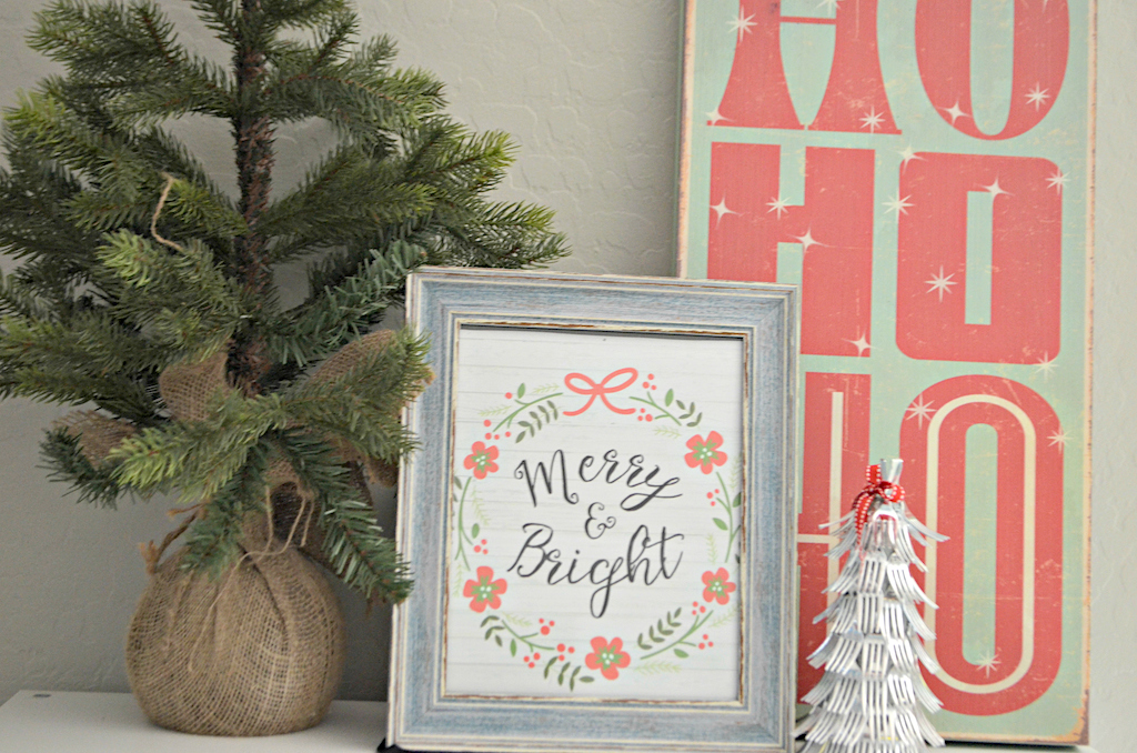 Merry & Bright framed sign with Christmas decor