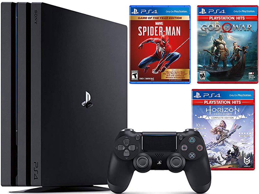 stock image of Playstation 4 pro bundle with spiderman, god war, and horizon