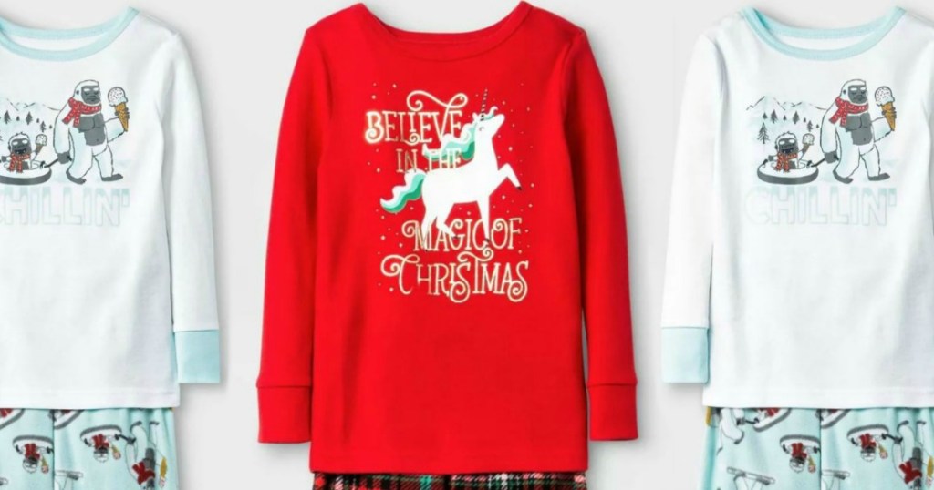 christmas themed pajamas on white background