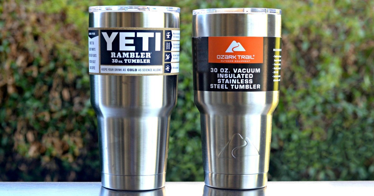 yeti and ozark tumbler side by side outside in front of bushes