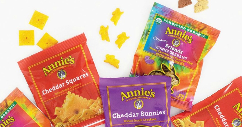 Annie's Snack Mix bags with treats spilling out the top