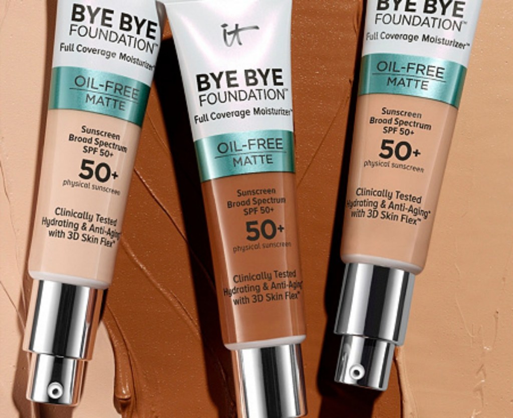 three shades of Bye Bye Foundation Oil-Free Moisturizer with SPF