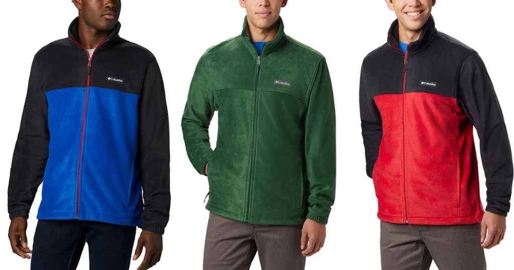 3 men wearing Columbia jackets