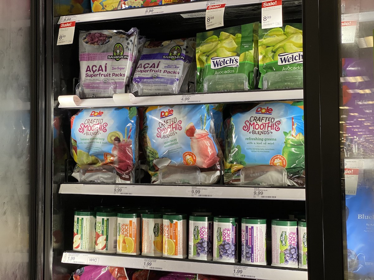 Dole smoothie mixes in a Target freezer case