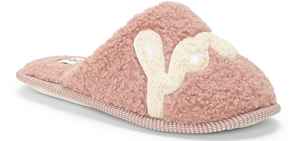 pink slippers with the word love written on top in white