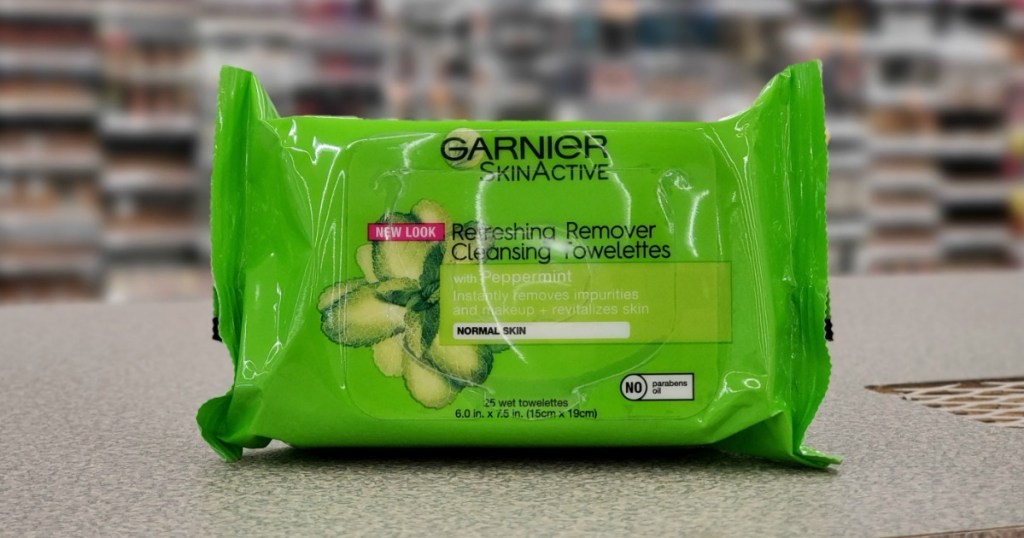 Garnier Skinactive Towelettes on counter at Walgreens