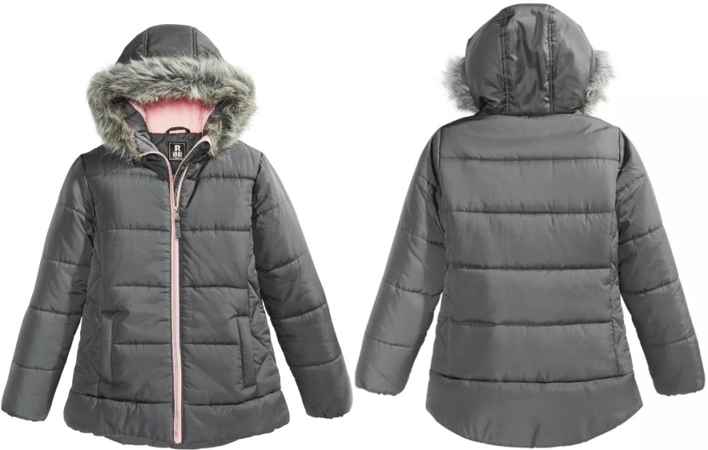 Girls Puffer Jacket from Macy's in gray - front and back view