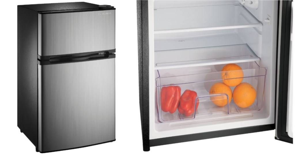 stainless steel mini fridge and screen shot of crisper