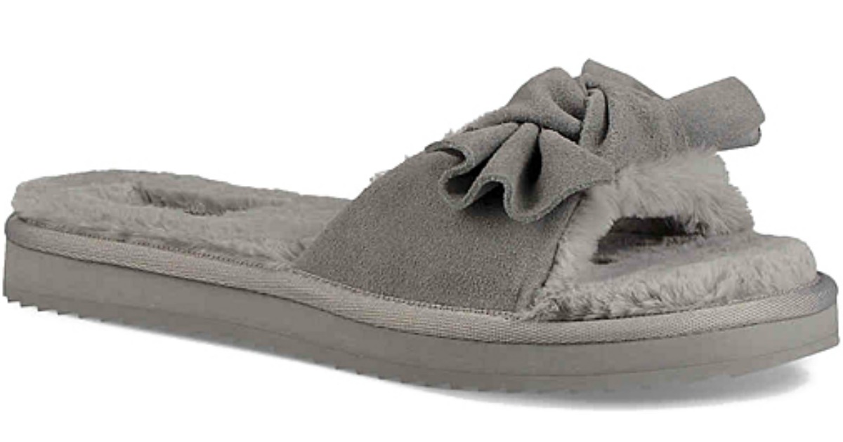 gray women's slippers with a bow