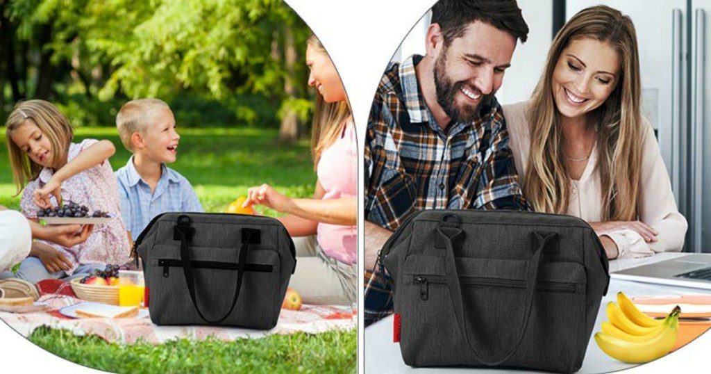 kids at a picnic eating with a lunch bag