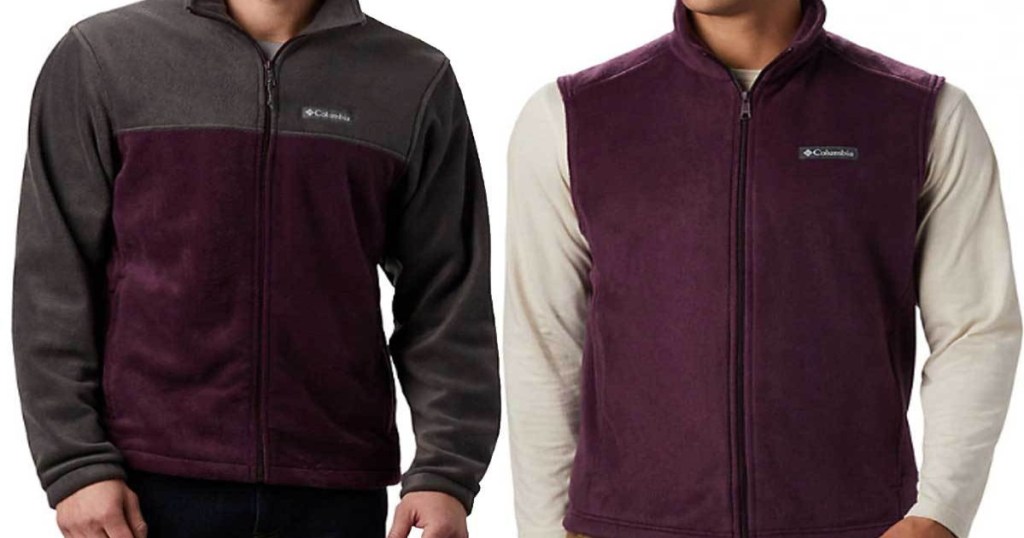 two men side by side. Chest view only. Man on left with long sleeved Columbia Fleece, man on right with Columbia Fleece vest
