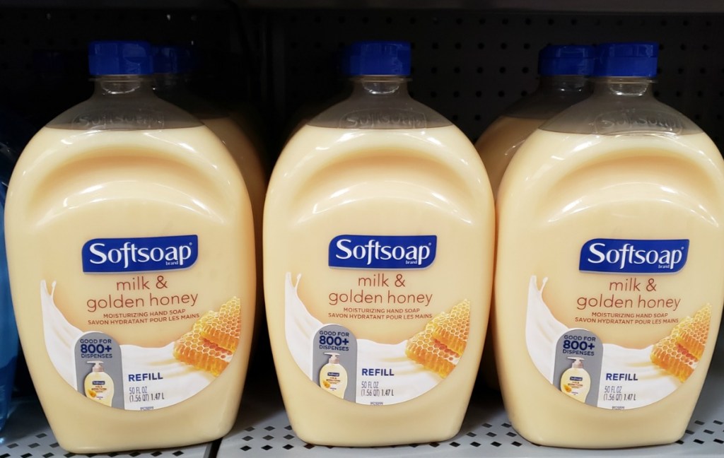 Bottles of Softsoap on display on the shelf in-store