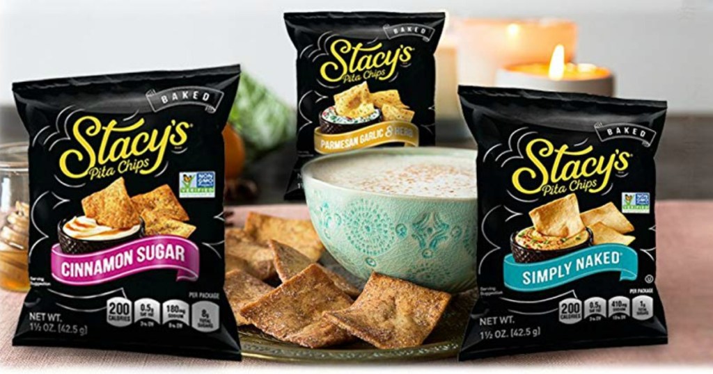 Stacy's Pita Chips on table with dips