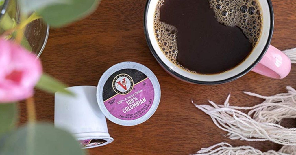 Victor Allen Coffee K-Cups with a cup of coffee