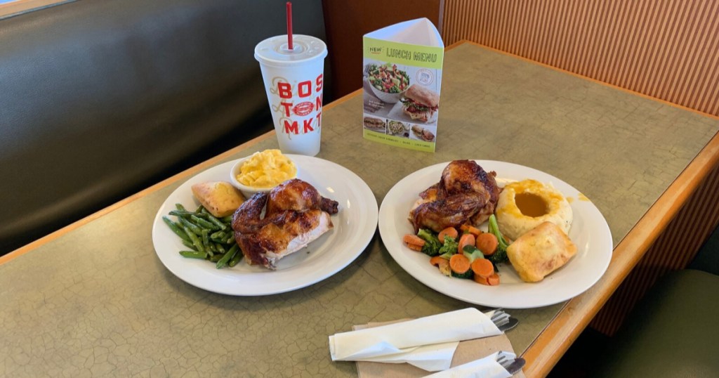 Boston Market meals and drinks at table